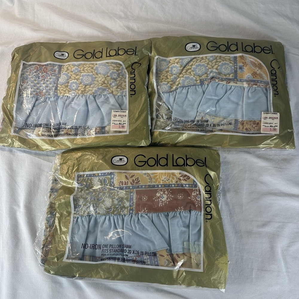 3 Vtg Cannon Gold Label‎ Country Fair Pillow Shams NOS Patchwork Cottagecore